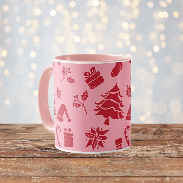 Cute Modern Rosa Red God jul Mönster Mugg (Skapare uppladdad)