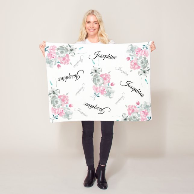 Cute Modern Rosa vattenfärgen Blommigt baby namn Fleecefilt (På plats)