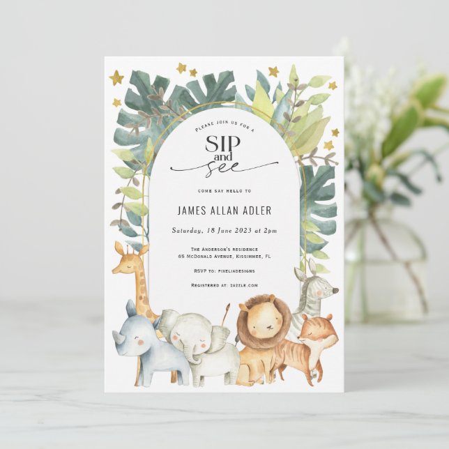 Cute modern safari sip och se babydusch inbjudningar (Stående Fram)