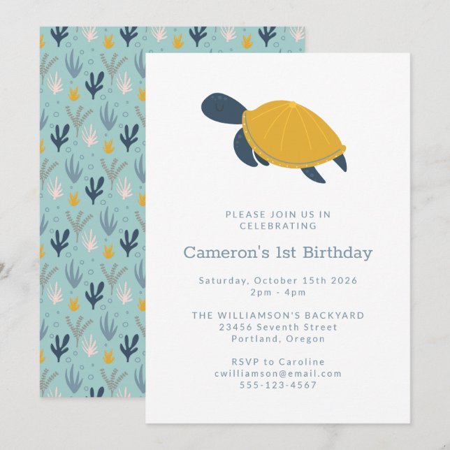 Cute Modern Sea Turtle Enkel 1:a födelsedag Inbjudningar (Fram/baksida)