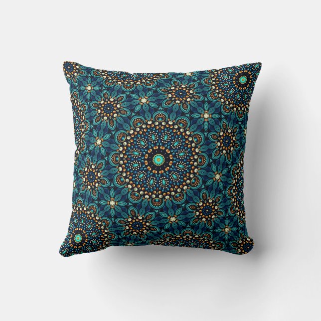 Cute Modern Snyggt Teal och Guld Mandala Mönster Kudde (Baksida)