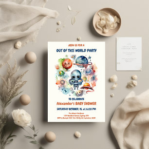 Cute Modern Space Astronaut Alien Baby Shower Inbjudningar