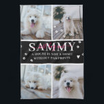 Cute Modern Tass avtryck Personlig Pet Namn Photo Kökshandduk<br><div class="desc">"Ett hus är inte ett hem utan tass avtryck." Anpassa den här mjuka tehandduken med 4 kvadratiska foton ordnade i en rutnätslayout med adminstrativ tass avtryck, namn och vackra citat. Behålla offerten som den är eller ändra anpassningsbarnas bildtext. Alla färger kan ändras. Den här personligens handduk gör en perfekt ge...</div>