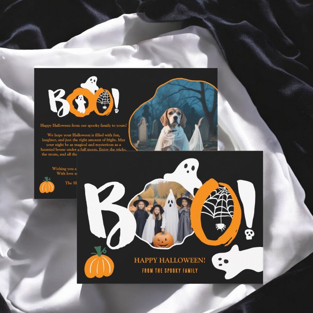 Cute Modern trendig Boo spöken 2 foton Halloween Julkort (Cute Modern trendy Boo ghosts 2 photos Halloween Holiday Card)