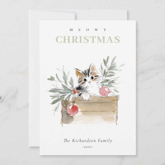 Cute Modern Watercolor Meowy Christmas Box Cat Julkort (Framsida)
