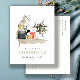 Cute Modern Watercolor Meowy jul Gift Cat Helg Vykort