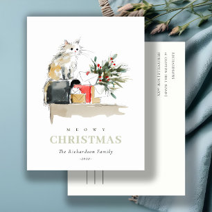 Cute Modern Watercolor Meowy jul Gift Cat Helg Vykort