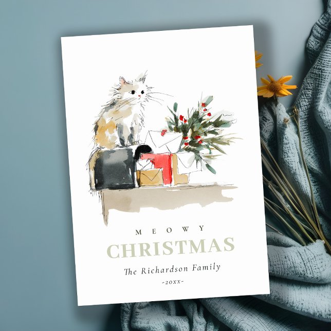 Cute Modern Watercolor Meowy jul Gift Cat Julkort (Skapare uppladdad)