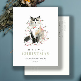 Cute Modern Watercolor Meowy jul Ljus Cat Helg Vykort