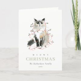 Cute Modern Watercolor Meowy jul Ljus Cat Helgkort
