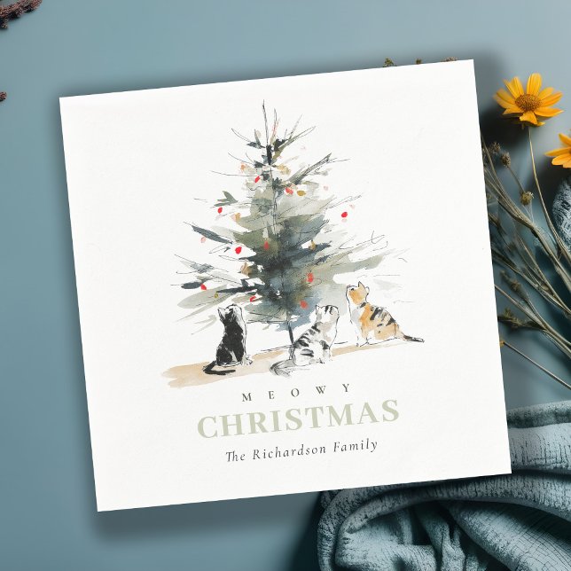 Cute Modern Watercolor Meowy Julgran Cats Pappersservett (Skapare uppladdad)