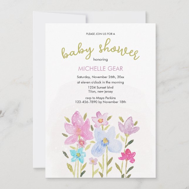 Cute Modern Watercolor Wildblomma Illustration Inbjudningar (Framsida)