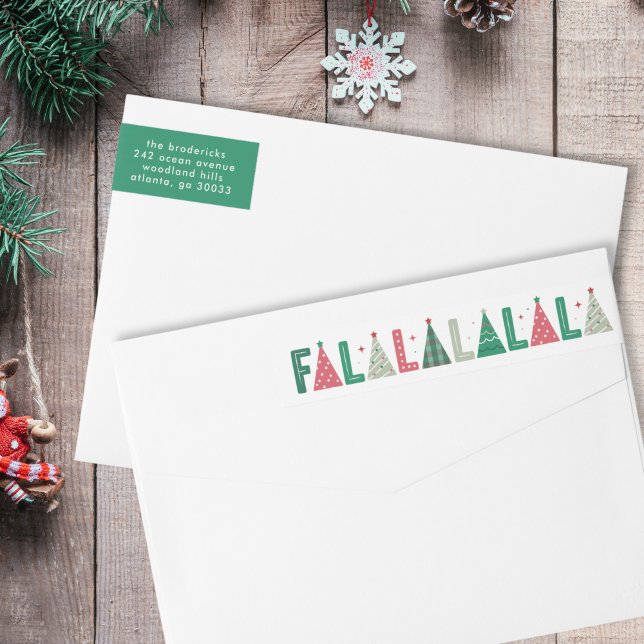 Cute Modern Whimsical Julgranar Helgdag Etikettband (cute, whimsical and fun Fa La La La Christmas typography address label)