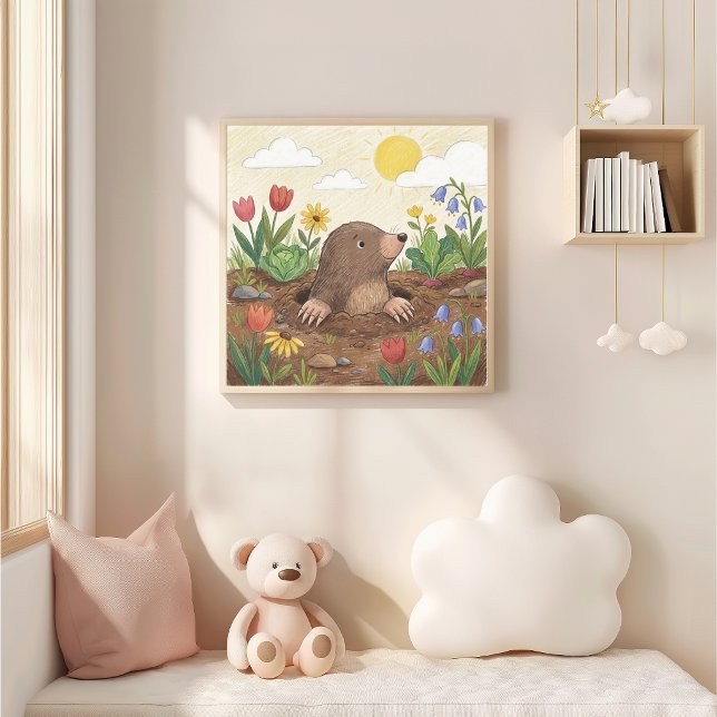 Cute Mole And Flowers Crayon Drawing Kid Poster (Skapare uppladdad)