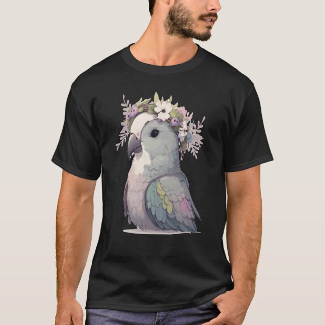 Cute Monk Parakeet Quaker Parrot Bird Flower Crown T Shirt (Framsida)