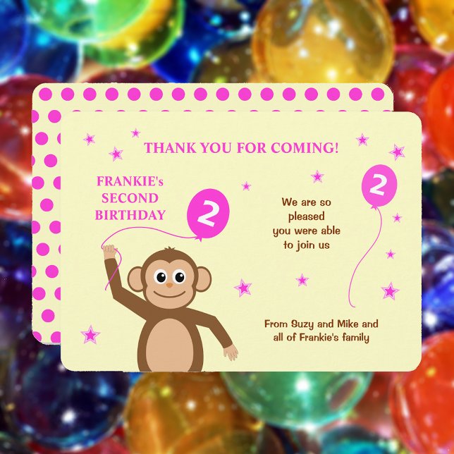 Cute Monkey 2:a födelsedag party rosa tack vare di Inbjudningar (Showing rounded corners option)