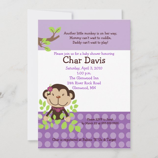 Cute Monkey Baby Shower-inbjudan Girly-Lila Inbjudningar (Framsida)