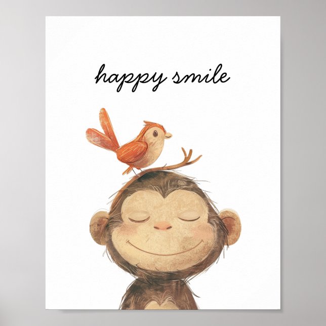 Cute Monkey Bird Lycklig Smile Watercolor Nursery Poster (Framsidan)