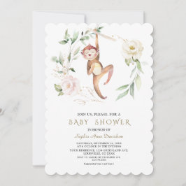 Cute Monkey Blommigt Greenery Guld Baby Shower Inbjudningar