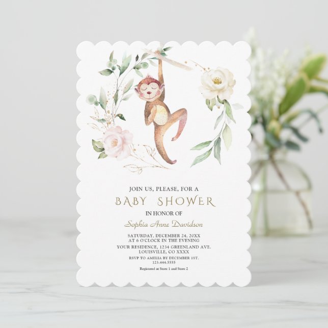 Cute Monkey Blommigt Greenery Guld Baby Shower Inbjudningar (Stående Fram)