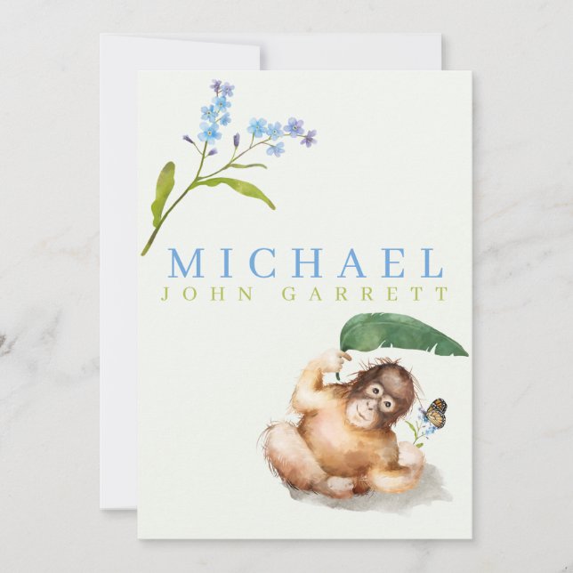 Cute Monkey-blommigt, pastellfoto pojke, födelse Meddelande (Framsida)