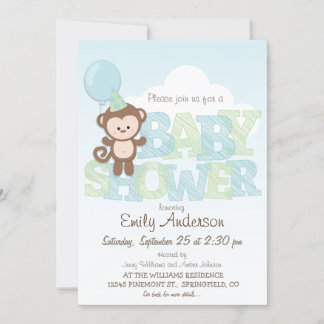 Cute Monkey; Blue & Grönt Baby Shower Inbjudningar