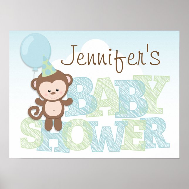 Cute Monkey; Blue & Grönt Baby Shower Poster (Framsidan)