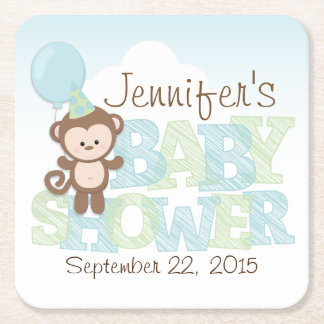 Cute Monkey; Blue & Grönt Baby Shower Underlägg Papper Kvadrat