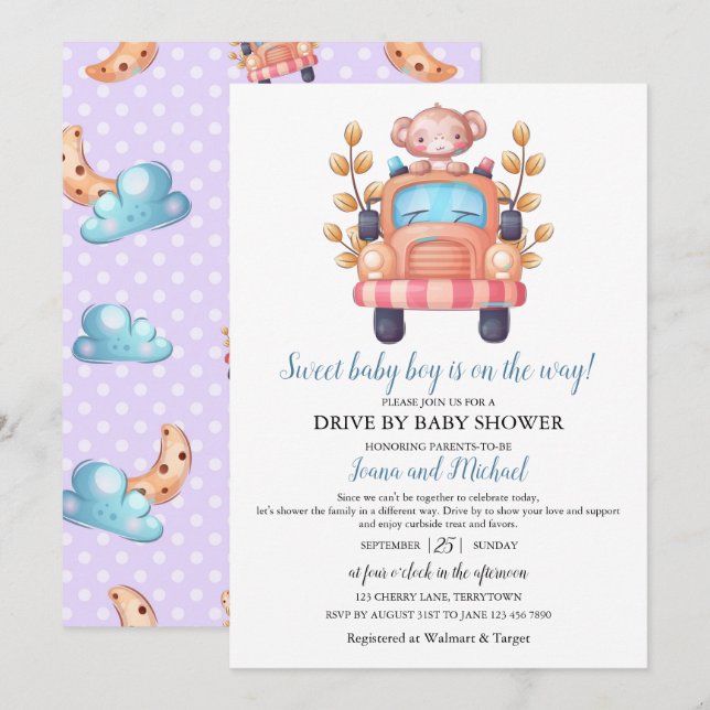 Cute Monkey Boy Baby Shower Drive Through   Inbjudningar (Fram/baksida)