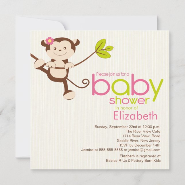 Cute Monkey Girl Baby Shower-inbjudan Inbjudningar (Framsida)