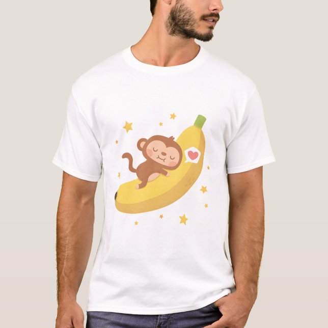 Cute Monkey Hugger Banana Måne T Shirt (Framsida)