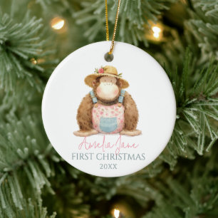 Cute Monkey Illustration Girl Första jul Julgransprydnad Keramik