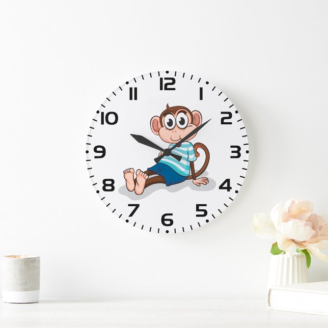 Cute Monkey in Blue Striped Shirt and Shorts Stor Klocka (Skapare uppladdad)
