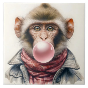 Cute Monkey in Scarf and Jacka Bubble Gum Kakelplatta