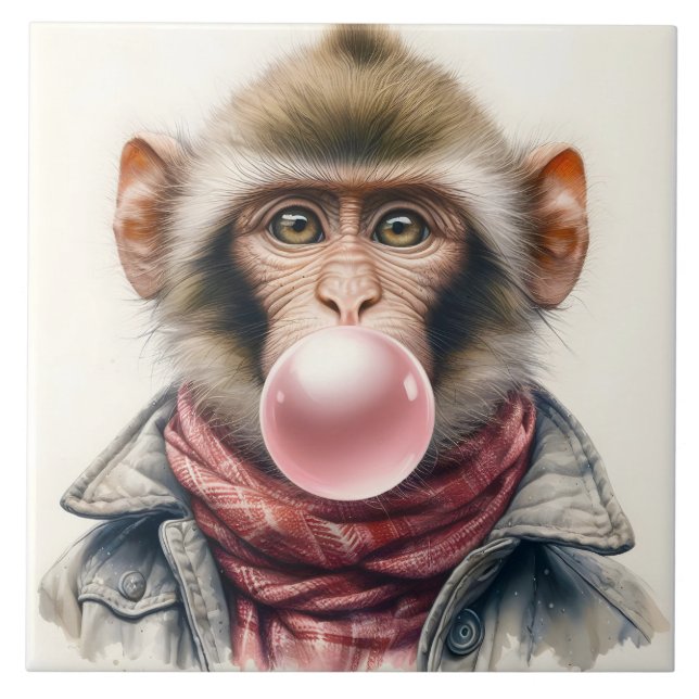 Cute Monkey in Scarf and Jacka Bubble Gum Kakelplatta (Framsidan)