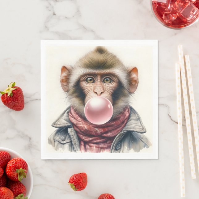 Cute Monkey in Scarf and Jacka Bubble Gum Pappersservett (Insitu)