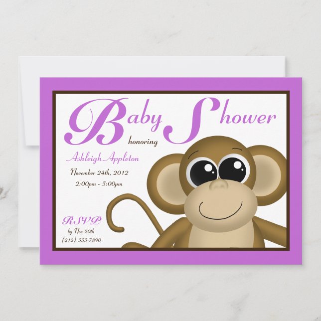 Cute Monkey Lila Baby Shower-inbjudningar Inbjudningar (Framsida)