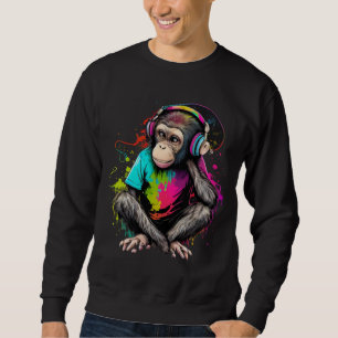 Cute Monkey Listening Music, Music Obssed Monkey Lång Ärmad Tröja