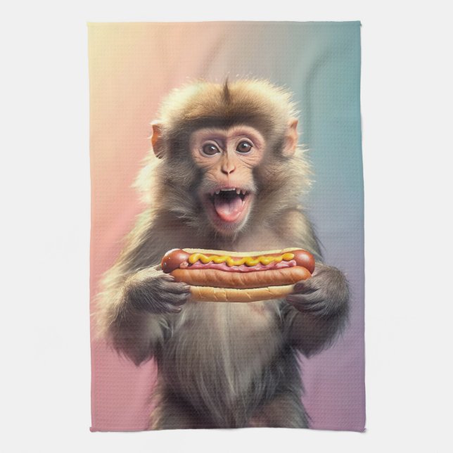 Cute Monkey med Hotdog Kökshandduk (Vertikal)