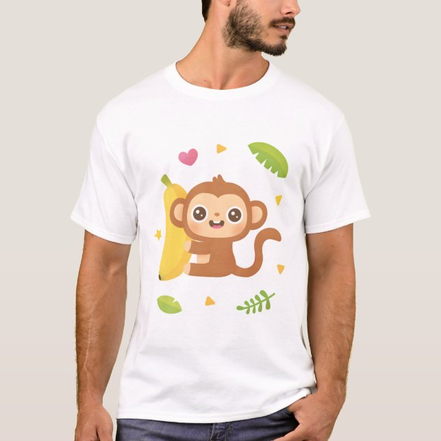 Cute Monkey och Banana Mönster T Shirt (Framsida)