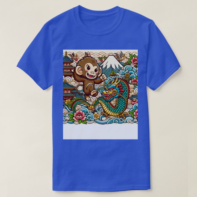 Cute Monkey och Dragon i Japan med Pagoda Wave F T Shirt (Design framsida)