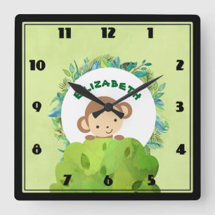 Cute Monkey Peekar ut från Bushs baksida Fyrkantig Klocka