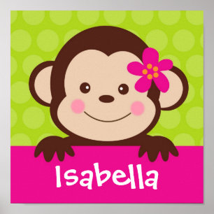 Cute Monkey Personlig Namn Art Print Girl Flickor  Poster