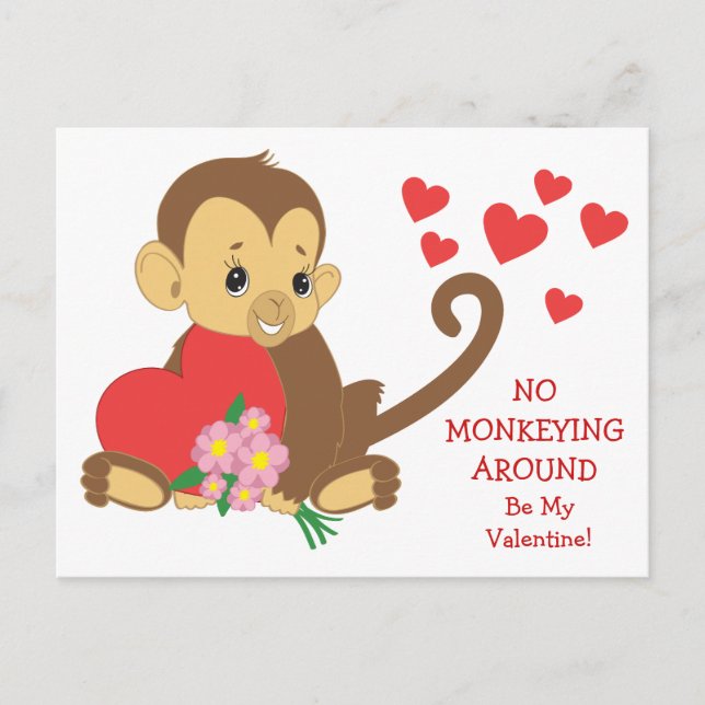 Cute Monkey Red Hearts Valentine Vykort (Framsida)