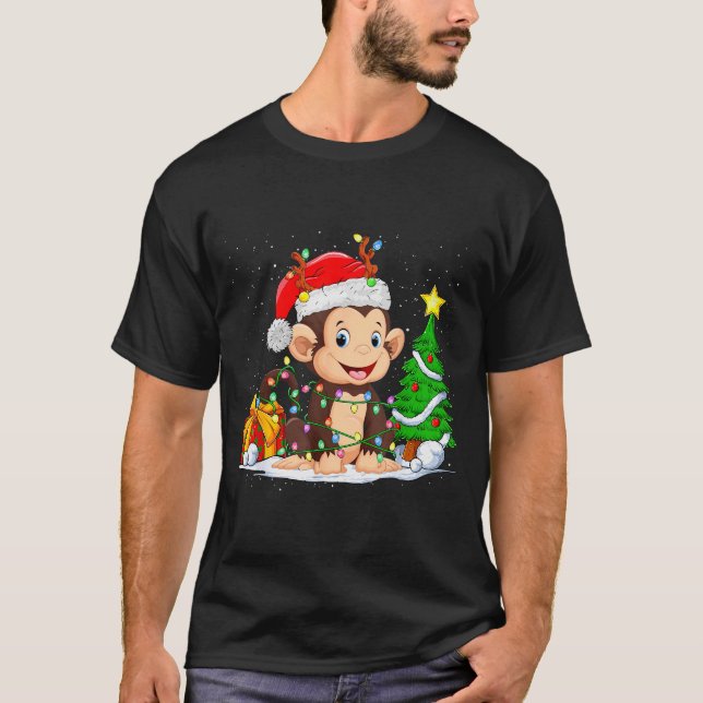 Cute Monkey Santa Christmas Tree Lights Xmas Pajam T Shirt (Framsida)