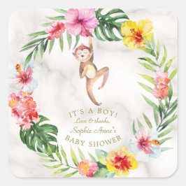 Cute Monkey Tropical Blommigt Girl Baby Shower Fyrkantigt Klistermärke