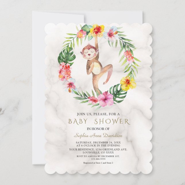 Cute Monkey Tropical Blommigt Girl Baby Shower Inbjudningar (Framsida)
