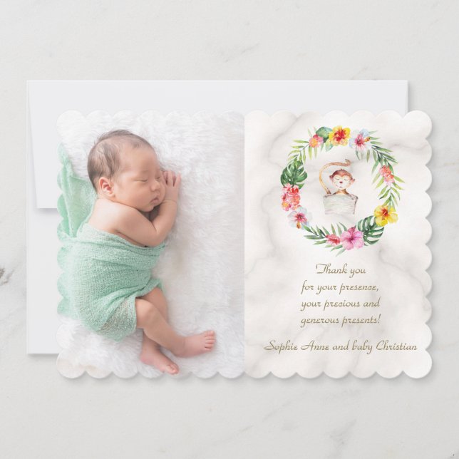 Cute Monkey Tropical Blommigt Girl Baby Shower Tack Kort (Framsida)