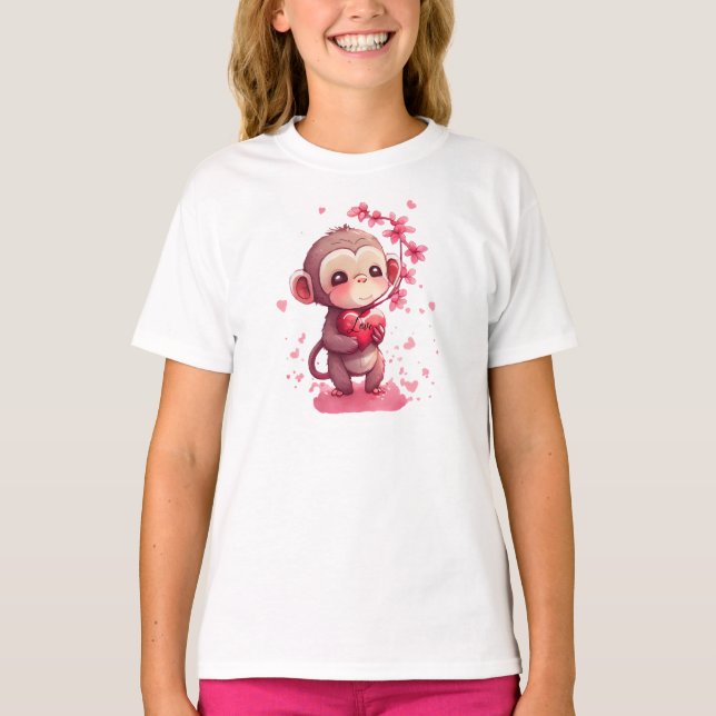 Cute Monkey Valentindagen T Shirt (Framsida)