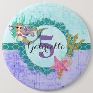 Cute Monogram Age Sjöjungfru Teal & Lila Birthag Knapp